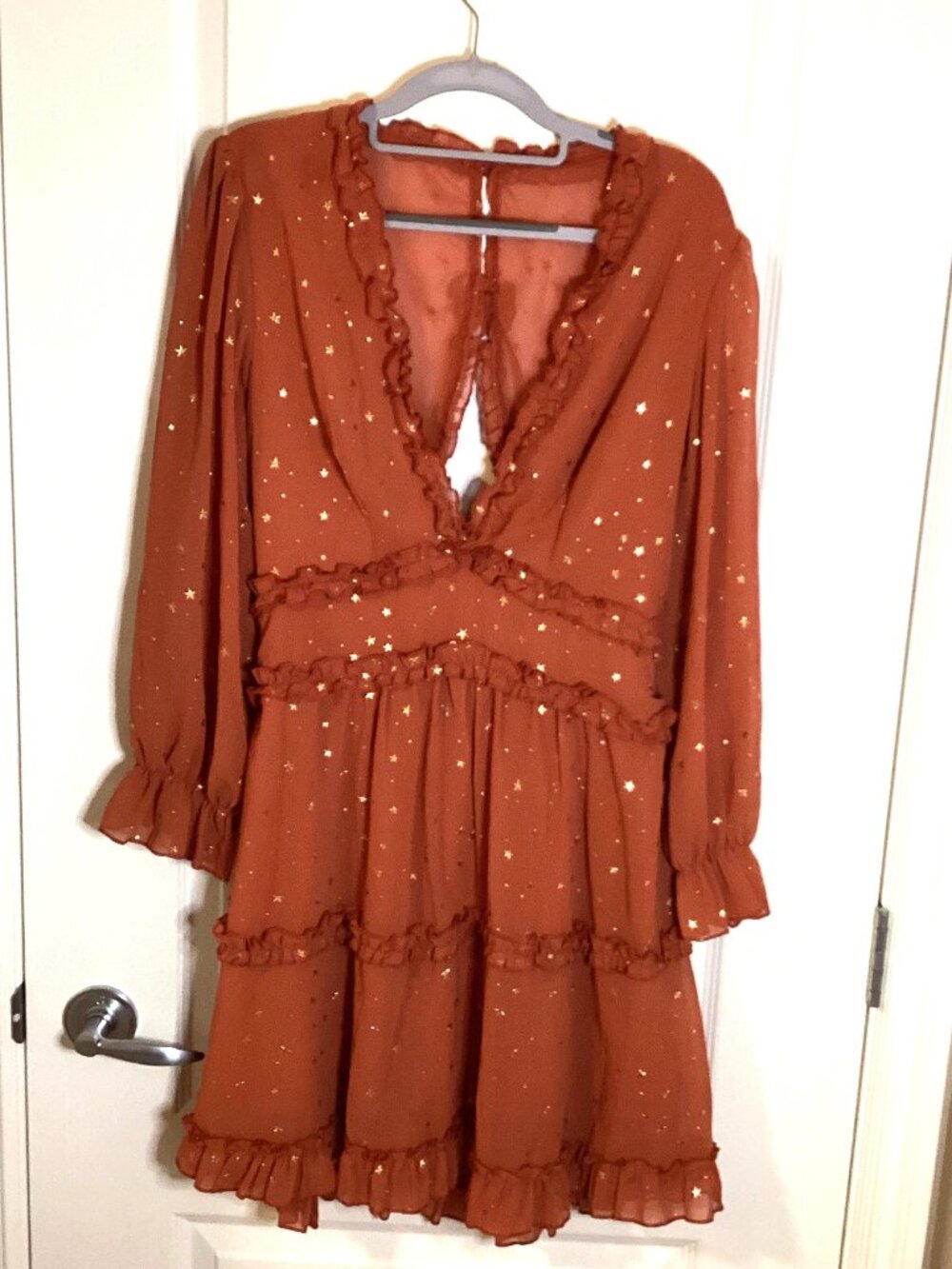 Women's Rusty Glitter Stars Backless Ruffle Sheer Dress Mini V Neck - Picture 2 of 13